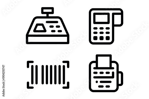 A set of four black and white icons representing office equipment
