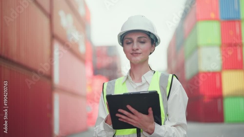 Professional female logistics supervisor in a hard hat and safety vest looking away while holding a digital tablet at a shipping container terminal. Concept of industrial leadership and global trade.