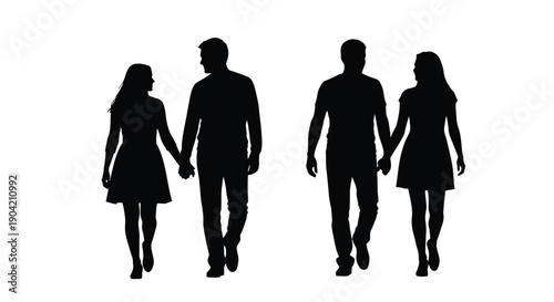 Silhouettes of two couples walking forward hand in hand symbolizing romance and connection isolated on a stark white background for graphic design use