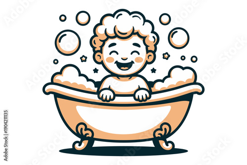 A happy baby enjoys a warm bath with bubbles and smiles