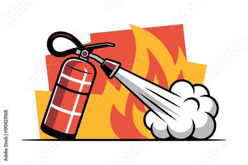 A cartoon fire extinguisher spraying water on a burning flame background