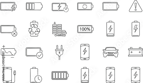 Set of battery and energy charging icons featuring electric vehicle power mobile phone levels and renewable resource symbols