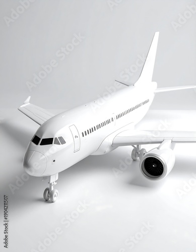 White airplane model angled, close-up, featuring clean, minimalist design, positioned against an equally white background