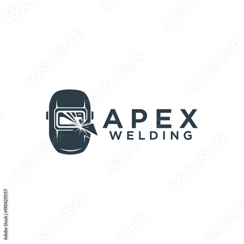 Professional welding mask helmet with spark icon logo for metal fabrication and industrial construction services named APEX WELDING