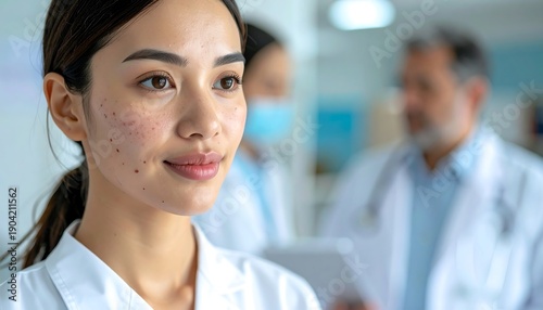 Young Asian female doctor in a hospital setting looking forward with determination.