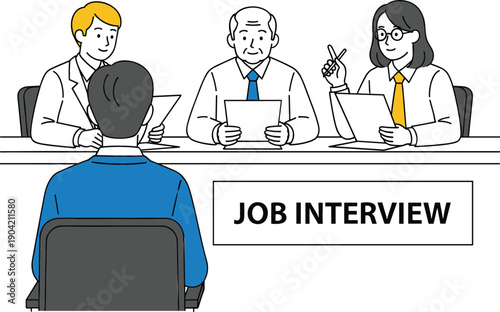 Job interview panel with three recruiters evaluating a candidate in office setting flat line art vector illustration