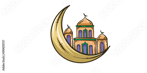 Vibrant mosque and crescent moon symbol in colorful design