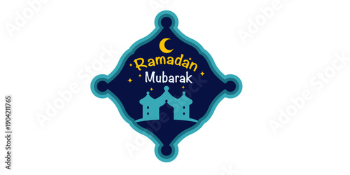 Ramadan Mubarak greeting with mosque and crescent moon
