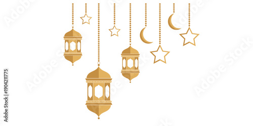Elegant gold lanterns and celestial symbols hanging in a row