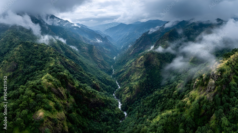 Obraz premium Aerial perspective reveals a deep lush green mountain valley where white clouds and mist hang low between steep slopes and forested peaks.