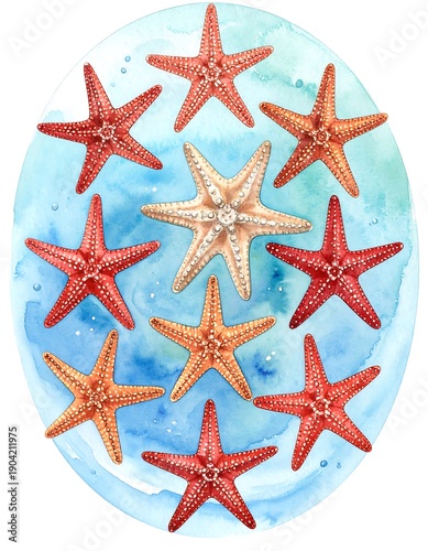A watercolor painting showing a collection of starfish on a watery background, arranged in a circular pattern around a central star