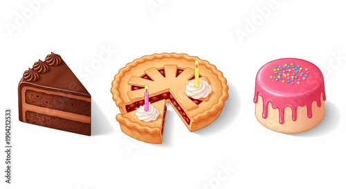 A set featuring a chocolate cake slice, a cherry pie with candles, and a pink glazed mini cake with sprinkles.