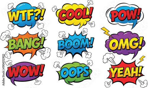 Large collection of 3D comic book speech bubbles with pop art onomatopoeia sound effects and action exclamations isolated