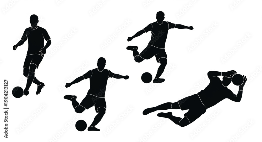 Obraz premium Black silhouettes of football players in various action poses including dribbling, shooting, and a goalkeeper diving to save a goal.