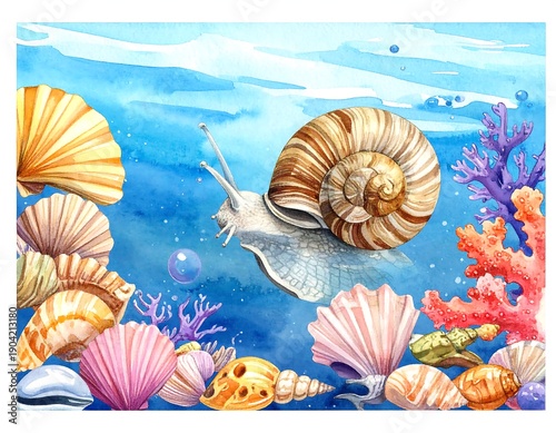 A watercolor painting showing a snail swimming underwater among colorful seashells, coral, and bubbles against a blue background