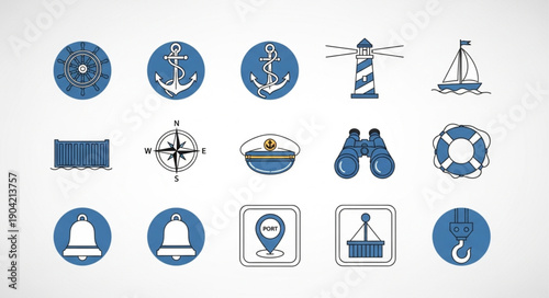 Nautical Icons Collection Set Marine Theme Symbols.