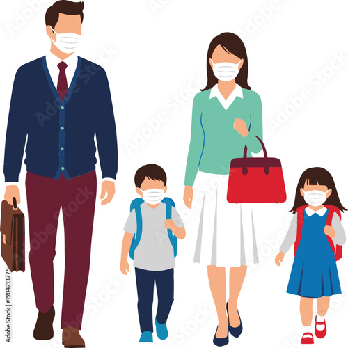 Family wearing face masks for health protection with parents and children in professional and school clothing isolated