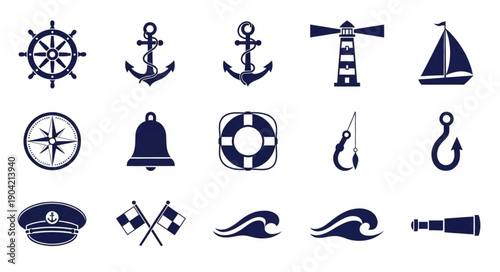 Nautical Icons Collection Set Marine Symbols.