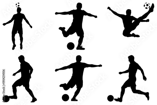 Soccer player silhouettes in action with a ball