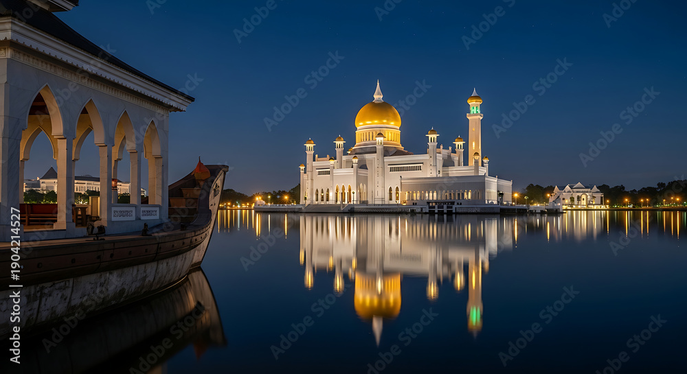 Obraz premium A majestic mosque with a golden dome and minarets, beautifully illuminated at night, reflected in the calm water, with a traditional boat in the foreground.