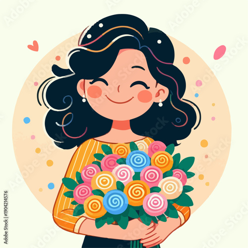 Cartoon vector illustration of a woman carrying a bouquet of flowers