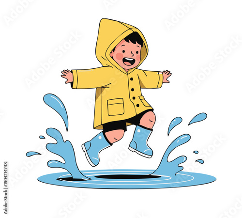 cute boy jumping in water puddle wearing yellow raincoat and boots