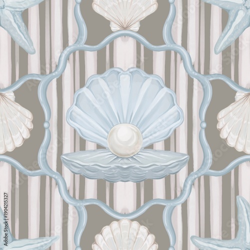 Vászonkép Seashell Seamless Pattern, Coastal Ribbon Lattice Design, Vintage Shell Toile, E