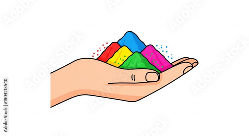 Hand holding colorful powder pigments vibrant Holi festival celebration concept isolated on white background