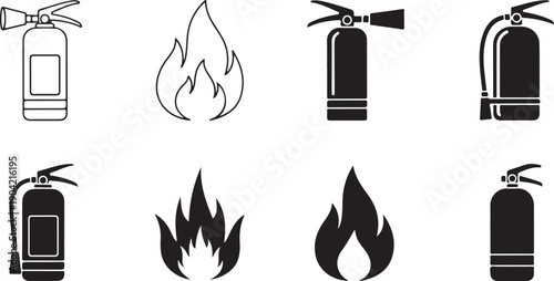 Fire extinguishers and flame icons in black and white