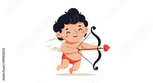 Vector illustration of Cupid character with bow and arrow in a modern and retro mix flat style for Valentine's Day, symbolizing love and romance.