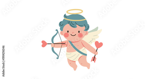 Vector illustration of a cute Cupid character with bow and arrow and heart, in a modern and retro mix flat style for Valentine's Day, conveying love and romance.