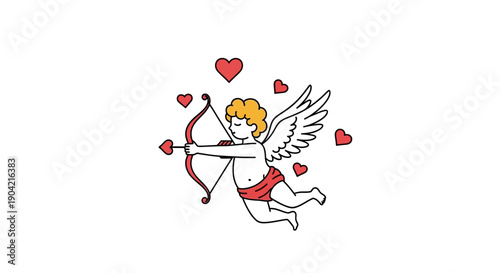 A charming Cupid character with bow and arrow flies amidst hearts in a modern and retro mix flat vector illustration for Valentine's Day or love and romance themes against a clean