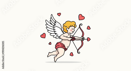 Vector illustration of Cupid character with bow and arrow, surrounded by hearts in a modern and retro mix flat style for Valentine's Day or love-themed designs on a clean white background.