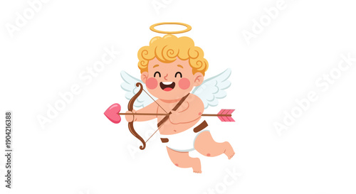 Vector illustration of a cheerful Cupid character with bow and arrow, in a modern and retro mix flat style, conveying love and romance on Valentine's Day.