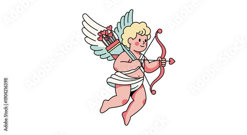 A cute, blond Cupid character with wings holds a bow and arrow in a modern and retro mix flat style illustration against a clean white background.