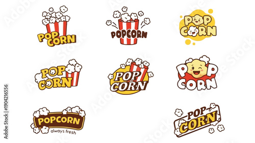 A collection of colorful popcorn logos and branding designs on a white background