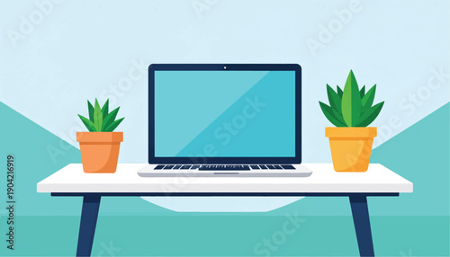 Laptop on Desk with Potted Plants.