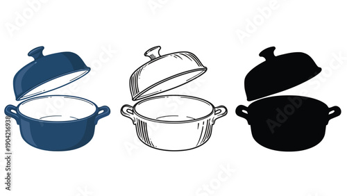An illustration of three different colored Dutch ovens with lids open