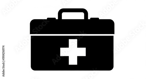 Black and white illustration of a first aid kit with a white cross symbolizing medical assistance and emergency care