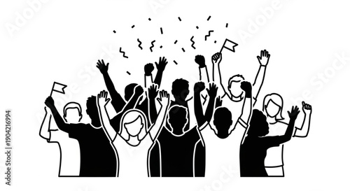 Crowd of people celebrating with raised hands and confetti