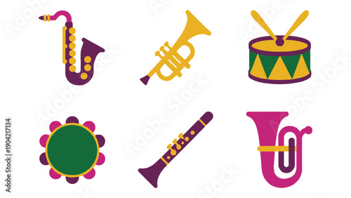 A collection of musical instruments including a saxophone, trumpet, drum, tambourine, clarinet, and tuba.
