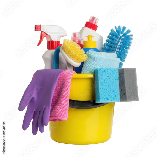 Wallpaper Mural Assorted cleaning supplies neatly arranged in a yellow bucket. Torontodigital.ca