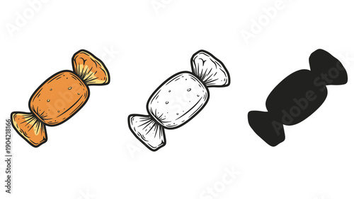 Three wrapped candies in different styles: color, sketch, and silhouette.