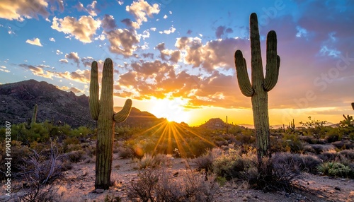 Majestic Saguaro Cactus Silhouettes Against a Fiery Desert Sunset.