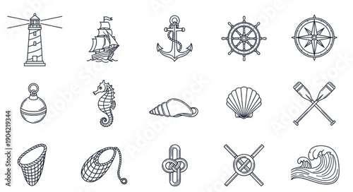 Nautical Icons Collection Lighthouse Ship Anchor Compass Wheel.