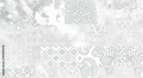 Monochrome abstract background featuring ornate patterns and cloudy textures