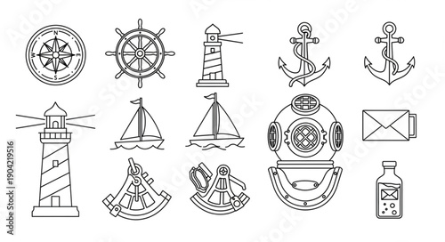Nautical Icons Collection Hand Drawn Sketch Style.