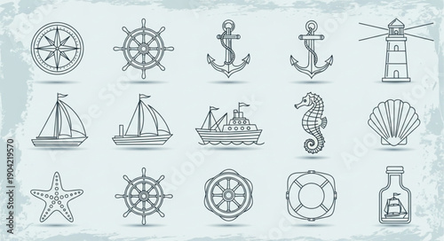 Nautical Icons Collection Hand Drawn Sketch Style.