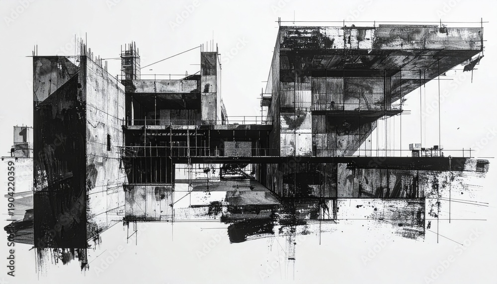 Obraz premium Abstract Black and White Architecture with Rectangular Blocks and Rough Texture