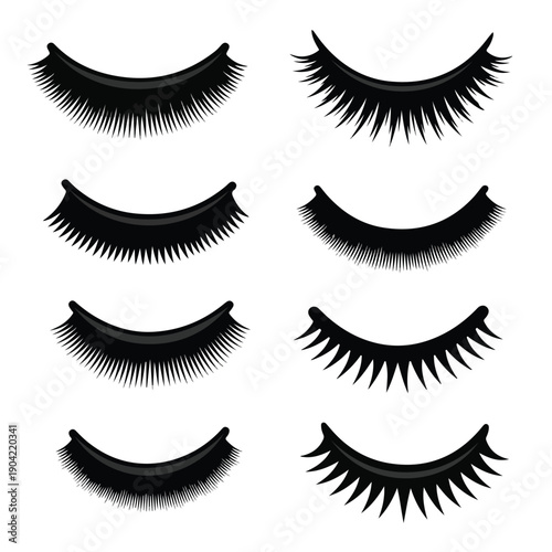 A set of eight false eyelashes on a white background
